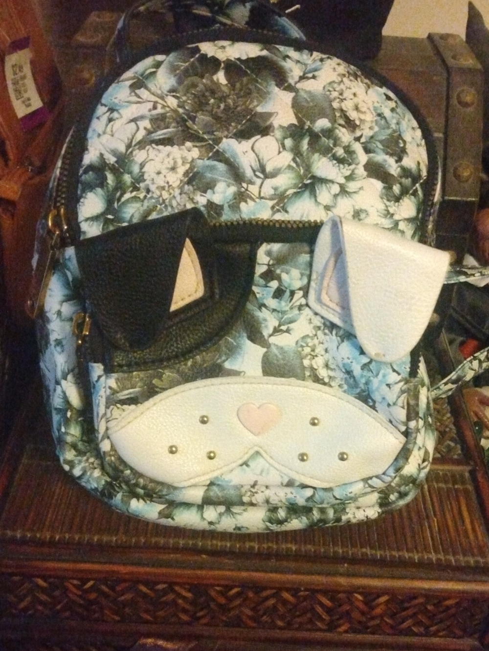 Kids Floral Cat Face Backpack - White & Black